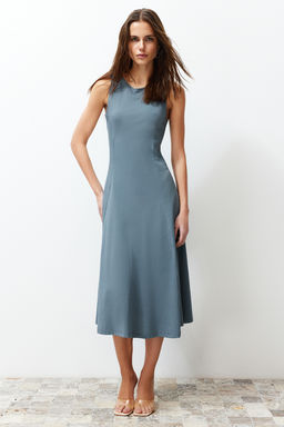 Antrasit %100 Pamuk Skater/Belden Ac?lan Bisiklet Yaka Kolsuz Midi Orme Midi Elbise TWOSS24EL00193