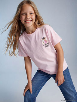 Bisiklet Yaka Bask?l? K?z ?ocuk Ti??rt