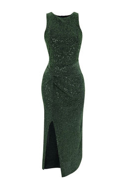 TRENDYOLMILLA Alt?n Vucuda Oturan Orme Par?lt?l? Pullu Orme Payet S?k Uzun Abiye Elbise TPRSS24EL00030  фото 37