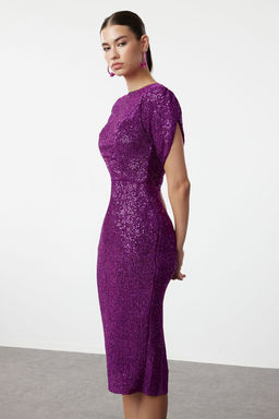 Mor Vucuda Oturan Par?lt?l? Payet S?k Abiye Elbise TPRSS24EL00108