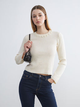 Bisiklet Yaka Boncuk ??lemeli Kad?n Triko Kazak