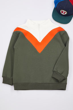Haki K?z Cocuk Renk Bloklu Orme Sweatshirt TKDAW25SW00036