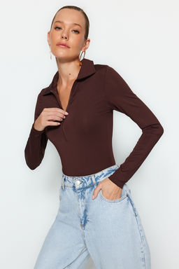 Kahverengi Fermuar Yaka Detayl? Alttan C?tc?tl? Esnek Orme Body TWOAW24BD00005