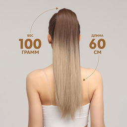Хвост накладной, прямой волос, на резинке, 60 см, 100 г, омбре русый, блонд