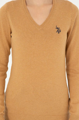 Женский базовый свитер светло-коричневого цвета с v-образным вырезом меланжевого цвета Неожиданная скидка в корзине - U.s. polo assn фото 6