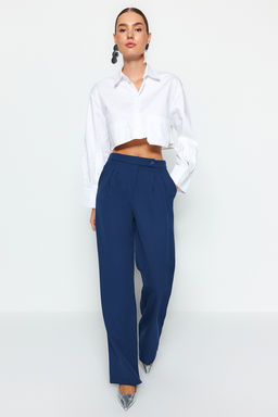 Lacivert Wide Leg Genis Paca Yuksek Bel Dokuma Kumas Pantolon TWOAW22PL0066