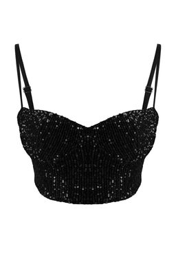 Siyah Payet Vucudu Saran Crop Party Bluz TPRSS26BZ00014