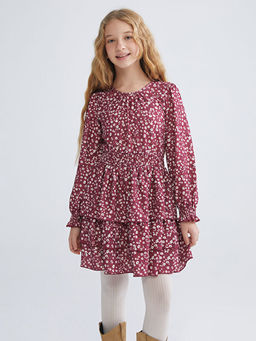 Bisiklet Yaka ?i?ekli K?z ?ocuk Elbise