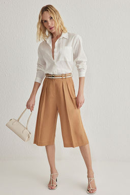 Beyaz Pamuk Kar?s?ml? Keten Gorunumlu Oversize Genis Kal?p Dokuma Gomlek TWOSS25GO00096
