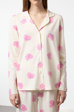 Ekru %100 Pamuklu Sloganl? Kalpli Orme Pijama Tak?m? THMAW25PT00098