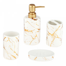 Набор для ванной "Мрамор" 4 предмета: дозатор для мыла 360мл, д7см, h17,8см; мыльница 11,3х7,8х2,4см; стакан для зубных щеток с разделителем 330мл, д7см, h10,7см, стакан 290мл, д6,3см, h11см; фурнитура пластик "под золото", глянцвая глазурь, белый/зо