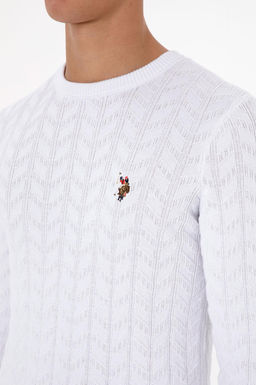 Erkek Slim Fit Bisiklet Yaka Desenli Beyaz Kazak