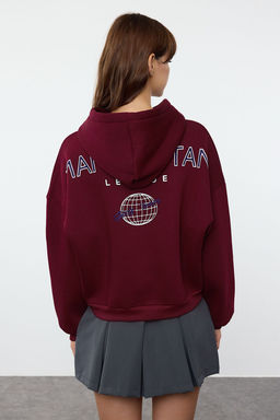 Bordo S?rt Bask? Detayl? Kapusonlu Kal?n Ici Polarl? Orme Sweatshirt TWOAW22SW0711