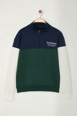 Zumrut Yesili Oversize/Genis Kesim Renk Blok Dik Yaka Fermuarl? Sardonsuz Sweatshirt TMNAW25SW00052
