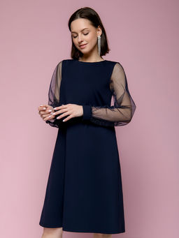 Платье темно-синее свободного силуэта с рукавами из фатина