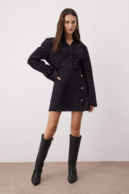 Siyah Aksesuar Dugmeli Dokuma A-Line/Can Mini Etek TWOAW26ET00102