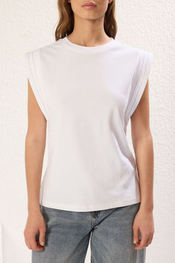 TRENDYOLMILLA Beyaz %100 Pamuk Kol Dikisi Detayl? Bisiklet Yaka Orme T-Shirt TWOSS25TS00024 фото 3