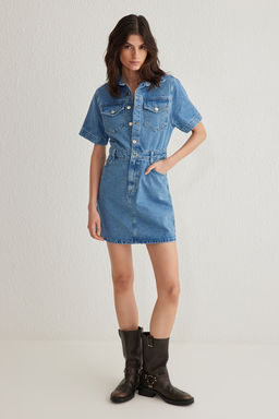 Mavi Cep Detayl? K?sa Kollu Mini Denim Gomlek Elbise TWOSS25EL00156