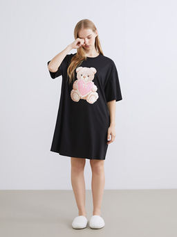 Bisiklet Yaka Ay? Teddy Bask?l? Kad?n Gecelik