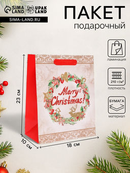 Пакет подарочный ламинированный новогодний Merry Christmas,18×23×10 см