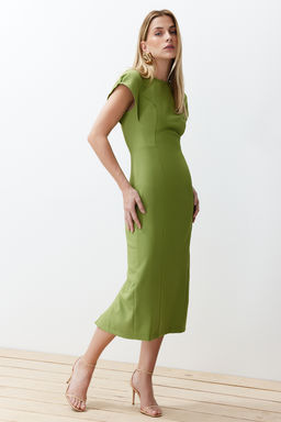Yesil Vucudu Saran Dusuk Kol Bisiklet Yaka Midi Kalem Etek Dokuma Elbise TWOSS24EL00608 - Trendyolmilla фото 2
