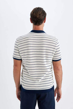 Полосатая трикотажная футболка-поло обычного кроя с короткими рукавами - Defacto фото 6