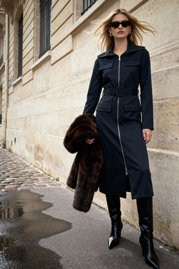 Lacivert Fermuarl? Cep Detayl? Gabardin Kumas Midi Dokuma Gomlek Elbise TWOAW25EL00261