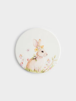 Подставка под кружку, 11 см, круглая, керамика/пробка, белая, Кролик с венком в цветах, Easter rabbit