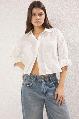 TRENDYOLMILLA Beyaz Muslin Kumas Buyuk Cep Detayl? Regular Normal Kal?p Crop Dokuma Gomlek TWOSS25GO00099 фото 2