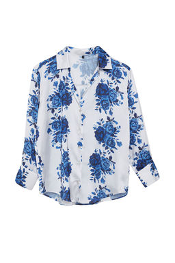 Lacivert Dokuma Saten Gul desenli Oversize Genis Kal?p Gomlek TWOSS24GO00246 - Trendyolmilla фото 6