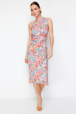 Cok Renkli Vucuda Oturan Tek Omuz Asimetrik Buzgu Detayl? Orme Midi Kalem Elbise TWOSS23EL02182