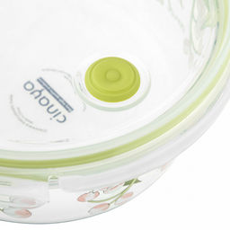 Контейнер стеклянный Ландыши 900мл, д17см h6,6см, боросиликатное стекло, с деколью, круглый, пластмассовая крышка с пароотводом, герметичная, с клипсами, с силиконовым уплотнителем (Китай) - Домашняя Мода фото 6