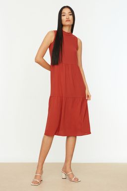 TRENDYOLMILLA Kahverengi Shift/Duz Kesim Dik Yaka Midi Dokuma Elbise TWOSS20EL1864 фото 23