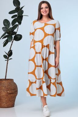 Летнее платье больших размеров горчичного цвета в крупный белый горох - Almond фото 2