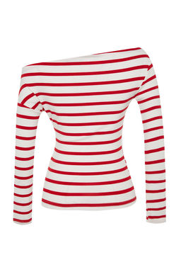 K?rm?z? Cizgili Premium Yumusak Kumasl? Fitted/Vucuda Oturan Kay?k Yaka Orme Bluz TWOAW24BZ00227