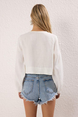 TRENDYOLMILLA Sar? Dokuma %100 Keten Baglamal? Balon Kollu Plaj Gomlek TBESS25GO00016 фото 18