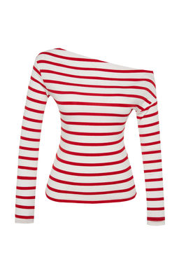 K?rm?z? Cizgili Premium Yumusak Kumasl? Fitted/Vucuda Oturan Kay?k Yaka Orme Bluz TWOAW24BZ00227
