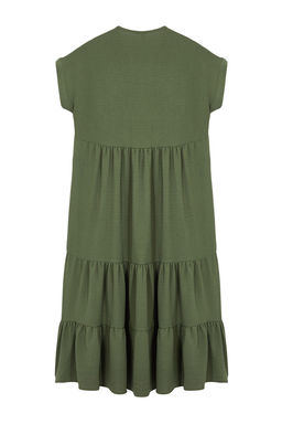 Haki Duz Genis Kesim V Yaka Etegi Volanl? Aerobin Dokuma Elbise TWOSS24EL01031 - Trendyolmilla фото 7