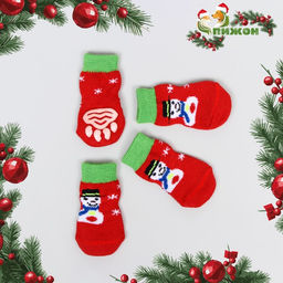 Носки нескользящие для животных Снеговики, L (3.5/5?8 см), набор 4 шт., красные