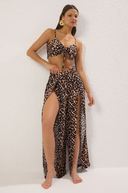 Leopar Desenli Dokuma Y?rtmacl? Maxi Plaj Yuksek Bel Bluz-Pantolon Tak?m TBESS21AU0092