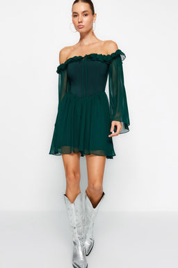 TRENDYOLMILLA Bridal Ekru A-Kesim Astarl? Volanl? Dokuma Sifon K?sa Dugun/Nikah S?k Abiye Elbise TPRSS23EL00096 фото 34