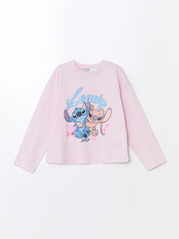 Bisiklet Yaka Lilo ve Stitch Bask?l? Uzun Kollu K?z ?ocuk Ti??rt