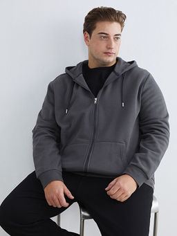 B?y?k Beden Kap??onlu Erkek Kal?n Fermuarl? Sweatshirt