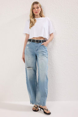 Koyu Mavi Y?rt?k Detayl? Normal Bel Loose Baggy Jeans TWOSS25JE00218