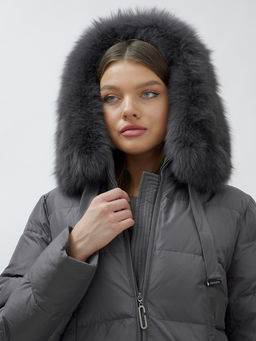 с натуральным мехом песца класса Люкс Бренд Visdeer Пальто зимние темно-серого цвета  фото 7