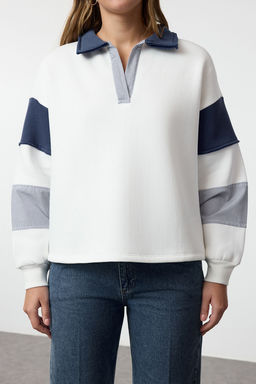 TRENDYOLMILLA Ekru Renk Bloklu Dokuma Garnili Oversize/Genis Kal?p Orme Sweatshirt TWOAW25SW00199 фото 4