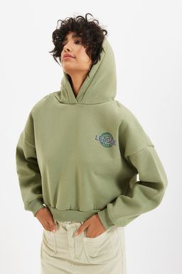 Mint S?rt Bask? Detayl? Kapusonlu Kal?n Ici Polarl? Orme Sweatshirt TWOAW22SW0711