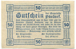 Банкнота 50 геллеров 1920 года Австрия  Пёндорф (нотгельд)