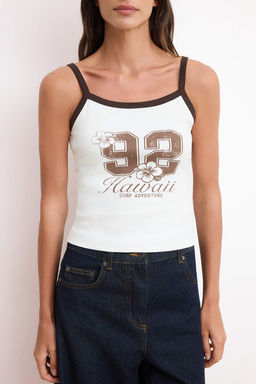 Ekru-Kahverengi Bask?l? Regular Havuz Yaka Ince Ask?l? Kolsuz Interlok Orme Atlet TWOSS26AL00025 - Trendyolmilla фото 4