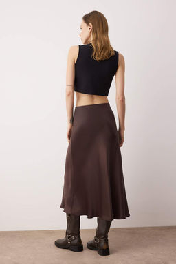 Kahverengi Saten A-line/Can Kesim Midi Etek TWOAW26ET00163